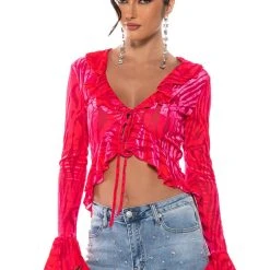 WE LIKE TO PARTY RUFFLED COLLAR TIE FRONT BLOUSE