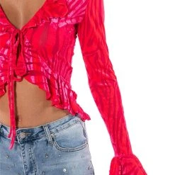 WE LIKE TO PARTY RUFFLED COLLAR TIE FRONT BLOUSE -helmut shop we like to party ruffled collar tie front blouse pink 5 5