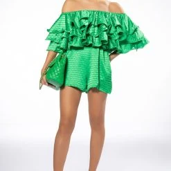 WEEKEND OFF THE SHOULDER RUFFLE ROMPER -helmut shop weekend off the shoulder ruffle romper green 2 2