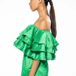 WEEKEND OFF THE SHOULDER RUFFLE ROMPER -helmut shop weekend off the shoulder ruffle romper green 4 4