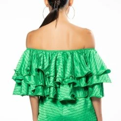 WEEKEND OFF THE SHOULDER RUFFLE ROMPER -helmut shop weekend off the shoulder ruffle romper green 5 5