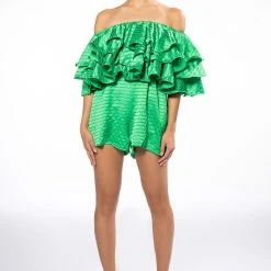 WEEKEND OFF THE SHOULDER RUFFLE ROMPER -helmut shop weekend off the shoulder ruffle romper green 7 7