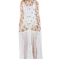 WHITE ZELINA FRINGE EMBELLISHED LONG CARDIGAN -helmut shop white zelina fringe embellished long cardigan white 6 6
