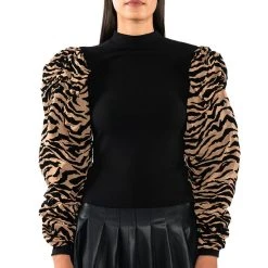 WILD SIDE MOCK NECK FLOCKED PUFF SLEEVE TOP -helmut shop wild side mock neck flocked puff sleeve top black 3 3 c1