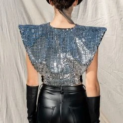 WARRIOR GODDESS REVERSIBLE STUDDED HARNESS BLOUSE -helmut shop xena studded harness blouse silver 10 10