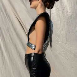 WARRIOR GODDESS REVERSIBLE STUDDED HARNESS BLOUSE -helmut shop xena studded harness blouse silver 9 9