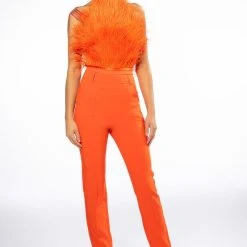 YES PLEASE HIGH RISE STRAIGHT LEG ANKLE SLIT TROUSER -helmut shop yes please high rise straight leg ankle slit trouser orange 7 7