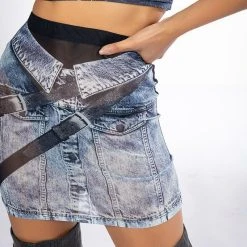 YOU THOUGHT WRONG DENIM PRINT MESH MINI SKIRT AND TOP SET -helmut shop you thought wrong denim print mesh mini skirt and top set blue 13 13