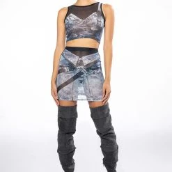 YOU THOUGHT WRONG DENIM PRINT MESH MINI SKIRT AND TOP SET -helmut shop you thought wrong denim print mesh mini skirt and top set blue 15 15