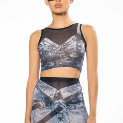 YOU THOUGHT WRONG DENIM PRINT MESH MINI SKIRT AND TOP SET -helmut shop you thought wrong denim print mesh mini skirt and top set blue 6 6