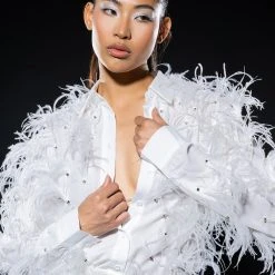 ZSA ZSA ALL OVER FEATHER BUTTON DOWN BLOUSE -helmut shop zsa zsa all over feather button down blouse white 1 1 c1